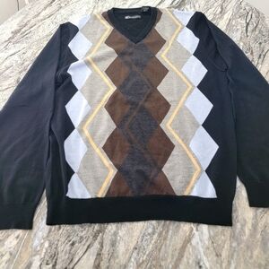 Bachrach Italian Men's Sweater Size Large Argyle Black Fine Merino Wool V Neck
